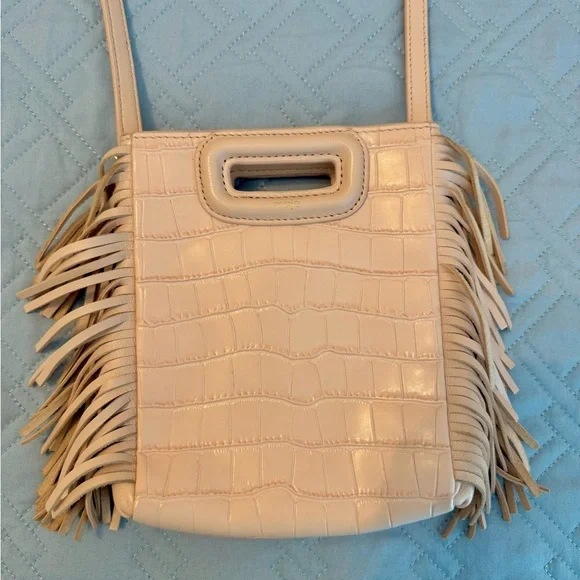 Maje Fringed Pale Pink Croc-Embossed Women's Mini Bag - Picture 3 of 7